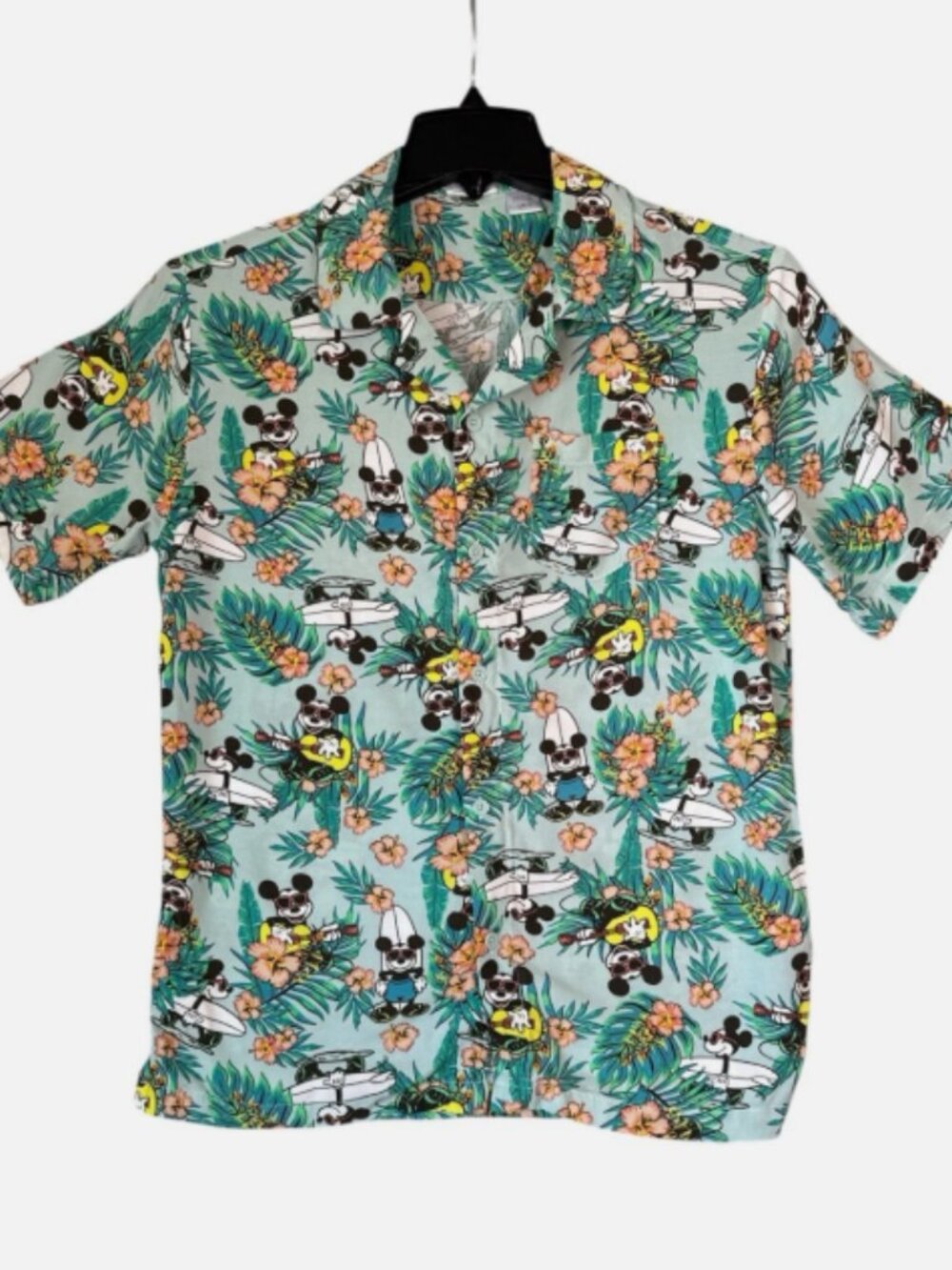 Disney Mickey & Friends Men’s Large Button Up Short Sleeve Hawaiian Green Shirt